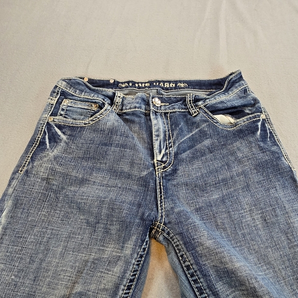 Womens Bootcut Jeans Embellished Pockets Distressed Hem Y2K Denim - Picture 3 of 11